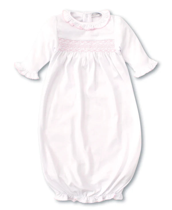 Hand Smocked Charmed Sack Ruffle Gown- White/Pink