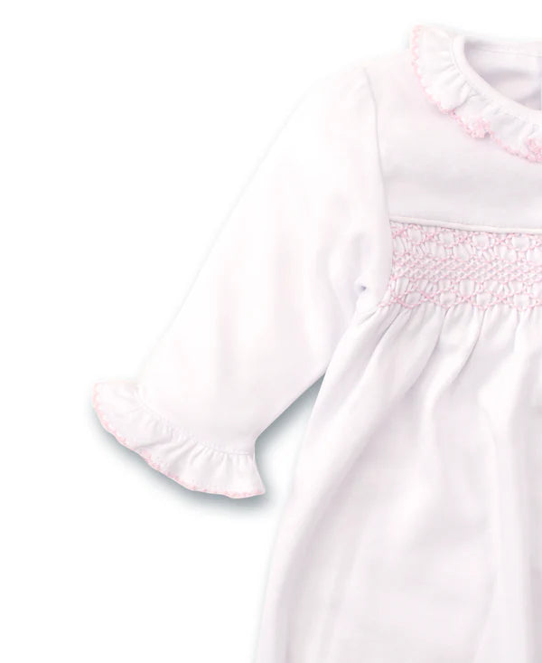Hand Smocked Charmed Sack Ruffle Gown- White/Pink