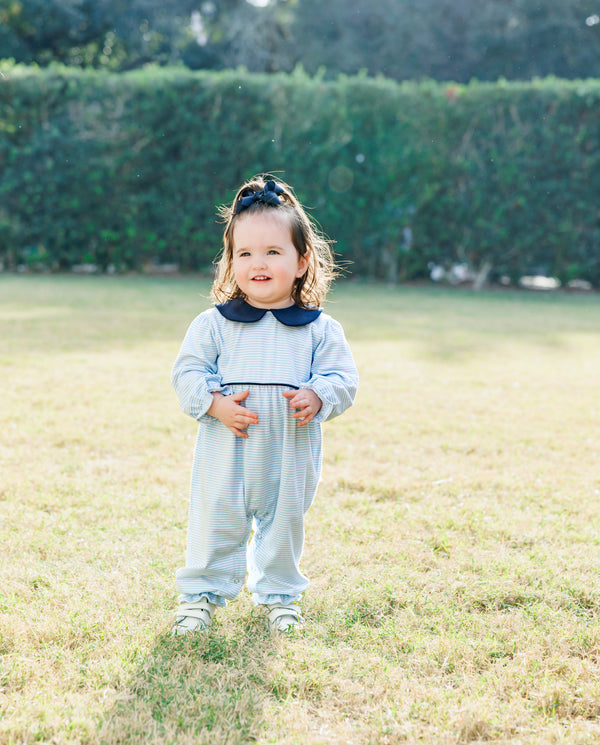 Katherine Romper- Light Blue Stripe/Navy