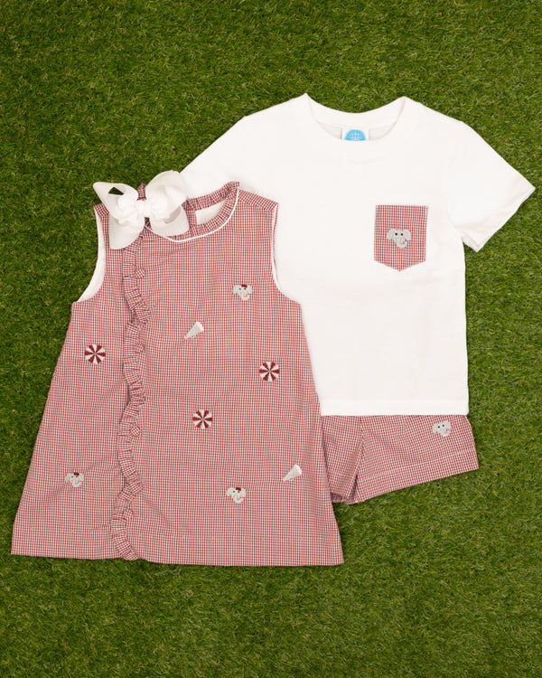 Stephen Pocket Short Set- All Over Embroidery Crimson Elephants