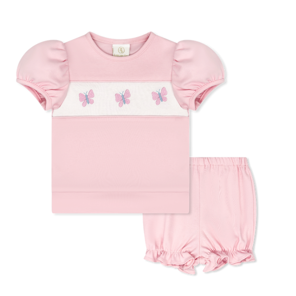 Lagniappe Bloomer/Short Set- Petal Pink Butterflies