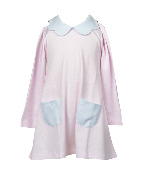 Light Pink/Blue Stripe A-Line Scallop Dress