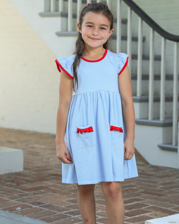 Lucy Dress- Cornflower Stripe/Red