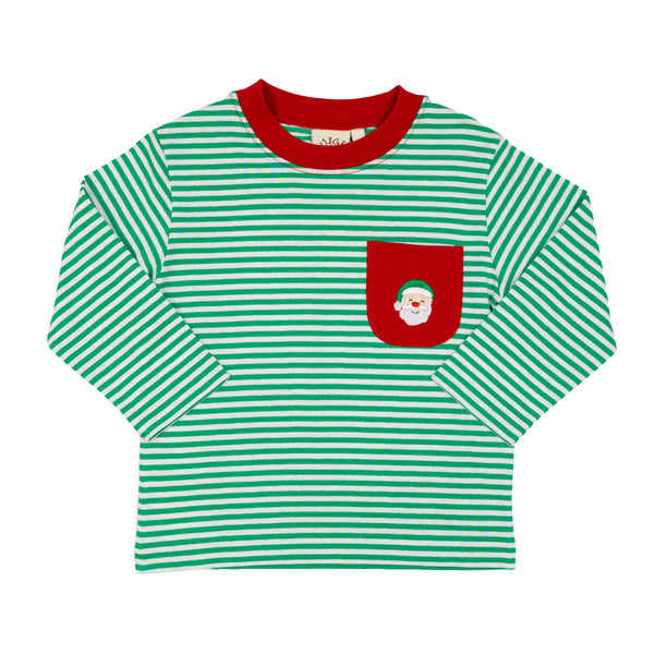 Santa Head Pocket LS Shirt- Kelly Green Stripe