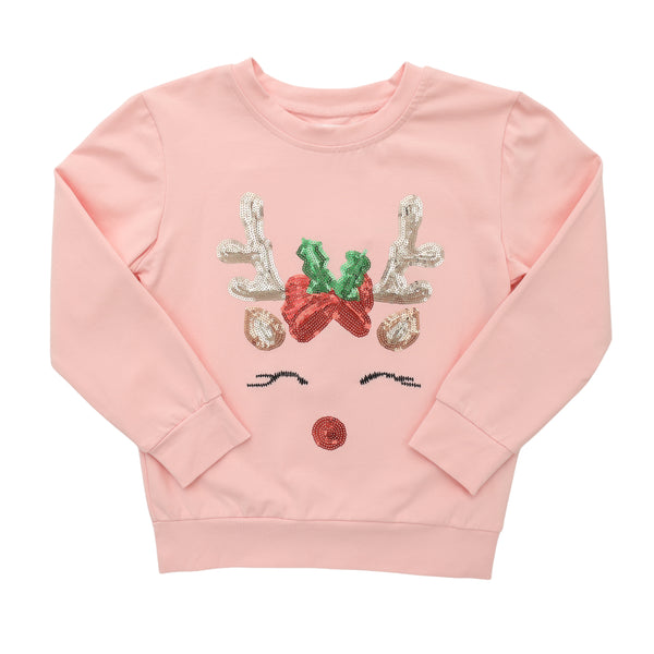 Sequin Reindeer LS Top- Lt. Pink