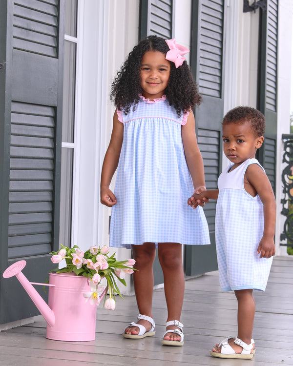 Meredith Dress- Light Blue Gingham/Light Pink