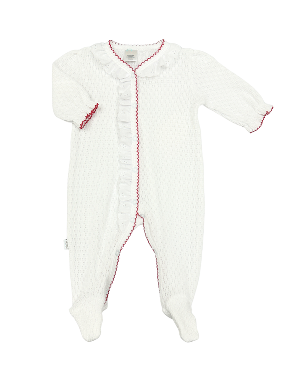 Knit Footie W/ Eyelet- Red Trim