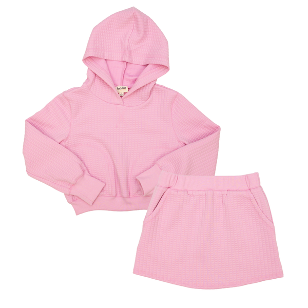 Quilted Cotton Knit Boxed Hoodie Skirt Set- Candy Pink