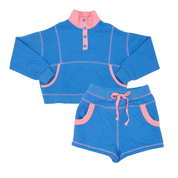 Quilted Contrast Pocket LS Short Set- Royal Blue/Pink
