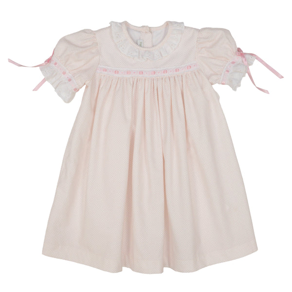 Margaret Dress- Pink Bitty Dot Corduroy W/ Satin Pink Ribbon