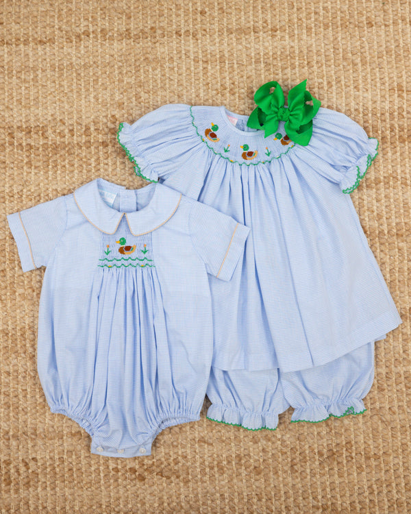 Mallard Duck Bishop Bloomer Set- Lt. Blue Microcheck