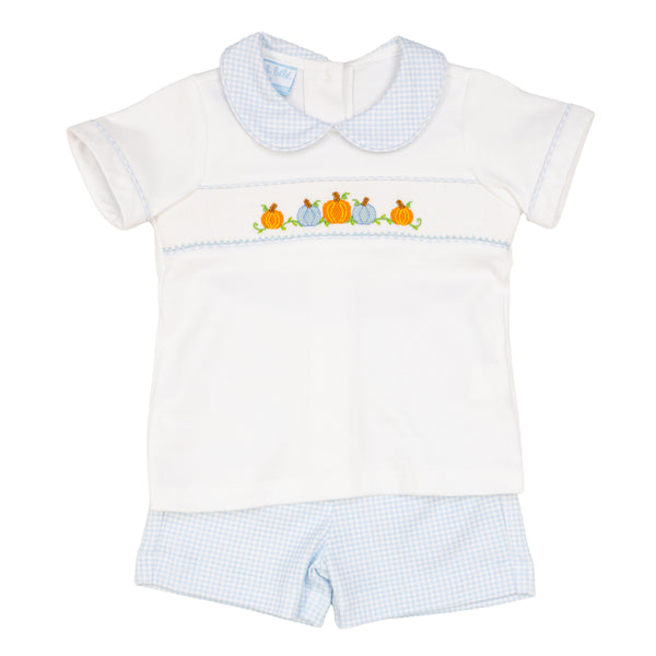 Pumpkin Knit Short Set- Blue Gingham