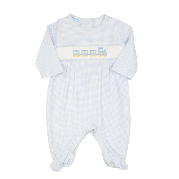 Train Knit Footie- Lt. Blue Check