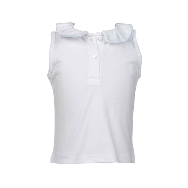 Ruffled Peter Pan Sleeveless Shirt w/ Sky Blue Trim