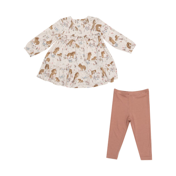 Pretty Ponies- Smocked Ruffle Dress W/Crochet Trim & Ribbed Legging