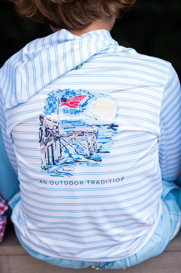 Pro Performance Hoodie Fishing Tee- Placid Blue Stripe