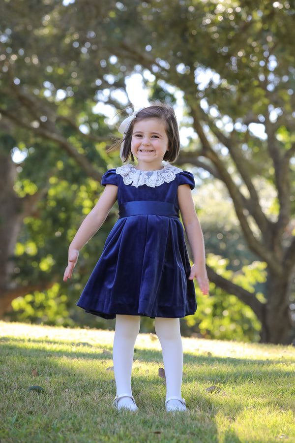 Navy Deluxe Velvet Dress With Lace