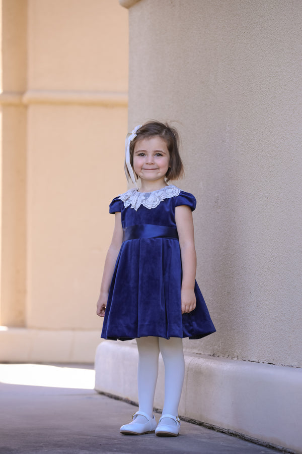 Navy Deluxe Velvet Dress With Lace