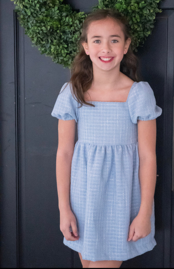 Blue Tweed Puff Sleeve Dress