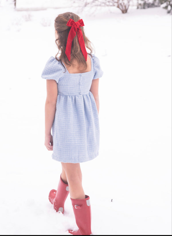 Blue Tweed Puff Sleeve Dress