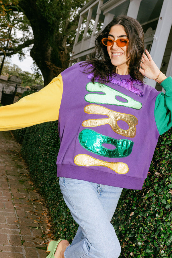 Colorblock Mardi Gras Foil Word Sweatshirt- Women's