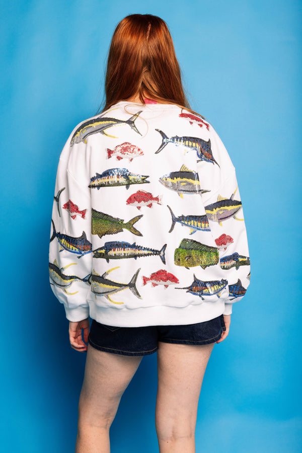 White Multi Fish Sweatshirt- (Women's)