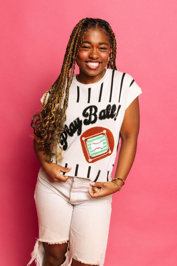 Black & White Stripe 'Play Ball' Top- (Women's)