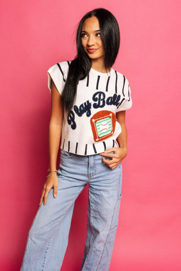 Navy & White Stripe 'Play Ball' Top- (Women's)