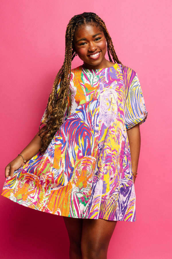Multi Abstract Cotton Tiger Short Sleeve Dress- (Women's)