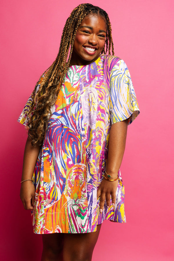 Multi Abstract Cotton Tiger Short Sleeve Dress- (Women's)