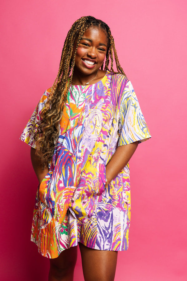 Multi Abstract Cotton Tiger Short Sleeve Dress- (Women's)