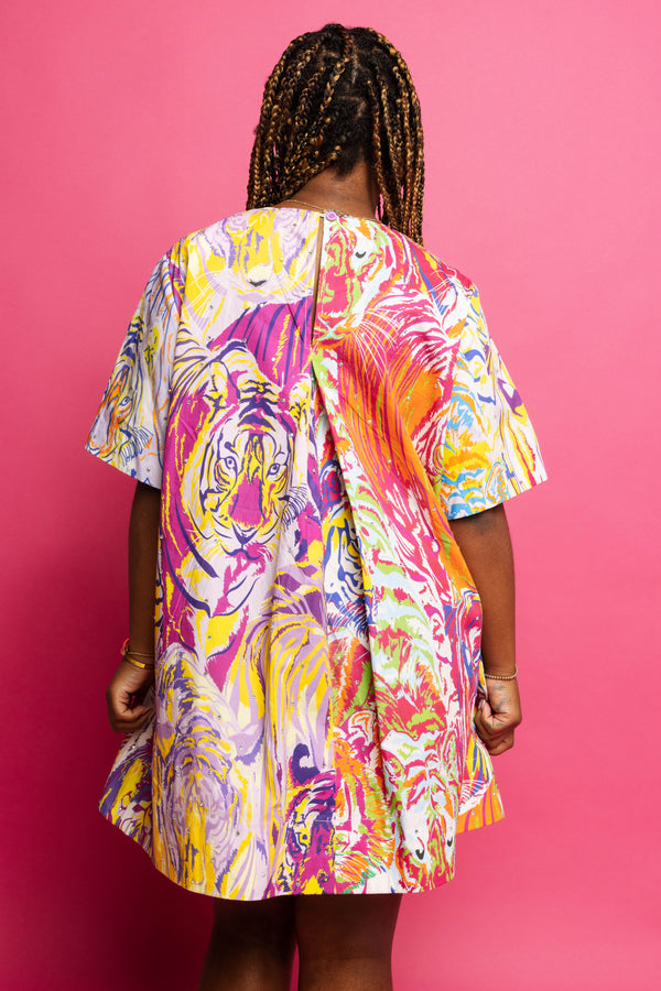 Multi Abstract Cotton Tiger Short Sleeve Dress- (Women's)