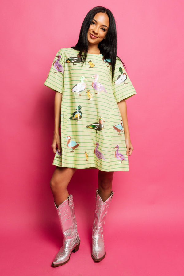 Green Stripe Cotton Duck Dress- (Women's)