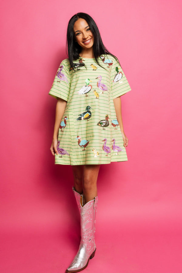 Green Stripe Cotton Duck Dress- (Women's)