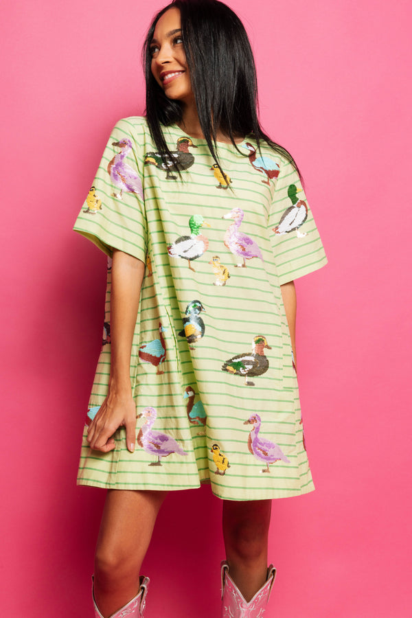 Green Stripe Cotton Duck Dress- (Women's)