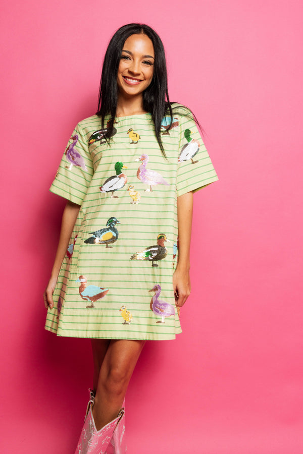 Green Stripe Cotton Duck Dress- (Women's)