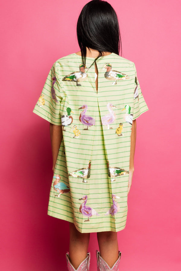 Green Stripe Cotton Duck Dress- (Women's)