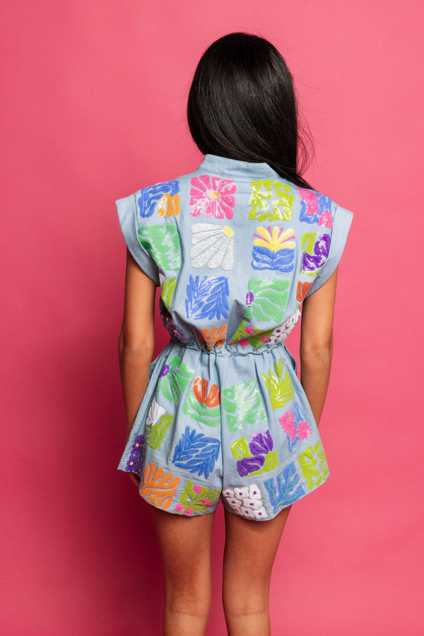 Denim Flower Tile Zipper Romper- (Women's)