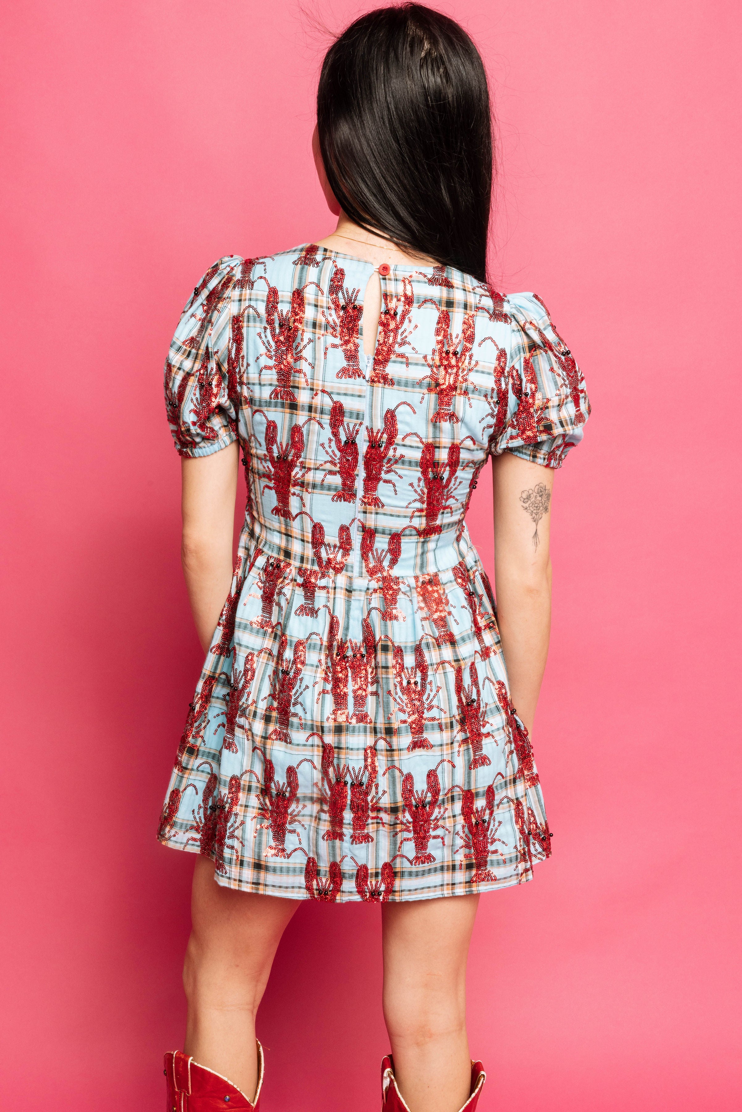 Aqua Plaid Crawfish Tie Cotton Dress- (Women's) Adult Extra Small
