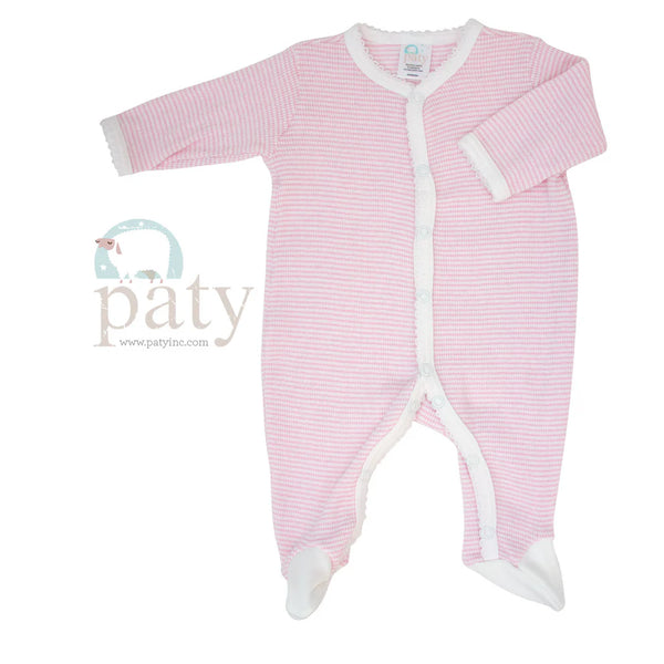 Rib Knit Footie- Pink/White