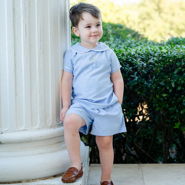 Big Brother Stork Embroidered Shorts Set- Blue