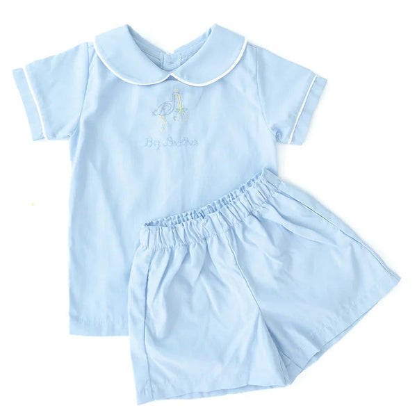 Big Brother Stork Embroidered Shorts Set- Blue
