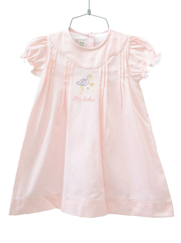 Big Sister Stork Embroidered Dress- Pink