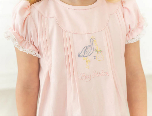 Big Sister Stork Embroidered Dress- Pink