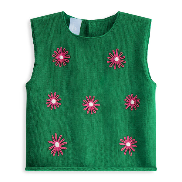 Pink Daisies Sleeveless Pullover- Green