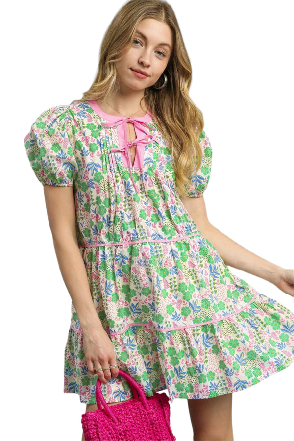 Floral Tiered Puff Sleeve Dress- Green Mix