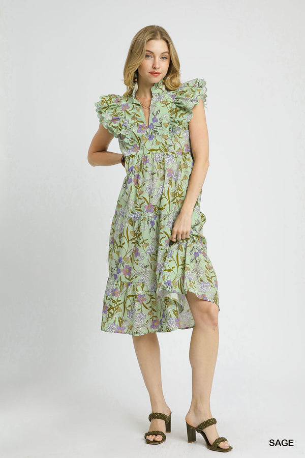 Tiered Floral Dress W/ Ruffle Sleeves- Sage