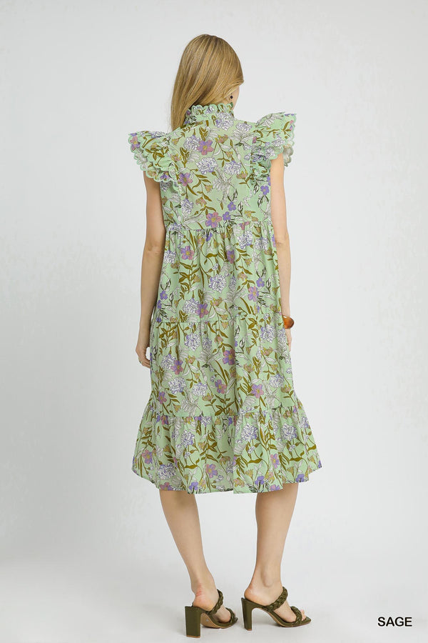 Tiered Floral Dress W/ Ruffle Sleeves- Sage