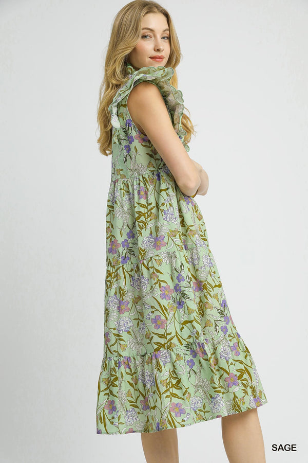 Tiered Floral Dress W/ Ruffle Sleeves- Sage