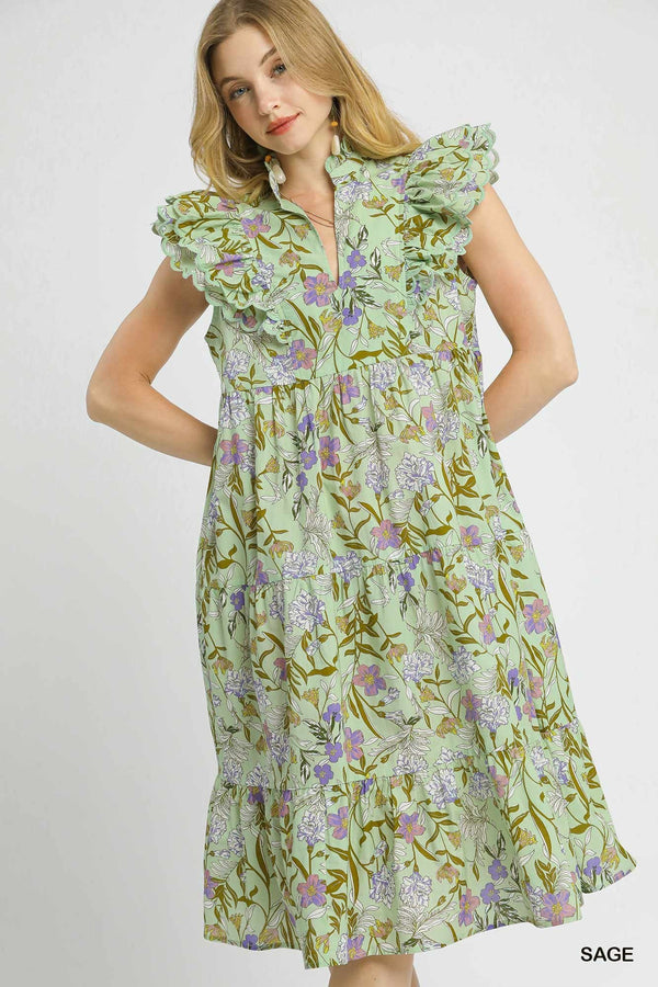 Tiered Floral Dress W/ Ruffle Sleeves- Sage